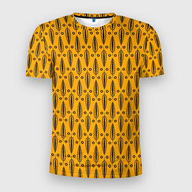 Мужская футболка 3D Slim с принтом Черно желтый современный  узор  Листья в Белгороде, 100% полиэстер с улучшенными характеристиками | приталенный силуэт, круглая горловина, широкие плечи, сужается к линии бедра | Тематика изображения на принте: black and yellow | fashionable | leaves | желтый | листья | черный | черный и желтый