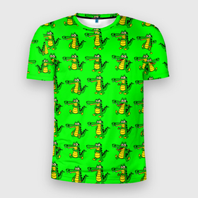 Мужская футболка 3D Slim с принтом EMOTIONAL CROCODILES в Белгороде, 100% полиэстер с улучшенными характеристиками | приталенный силуэт, круглая горловина, широкие плечи, сужается к линии бедра | детские картинки | животное | забавный | зеленый | крокодил | текстуры