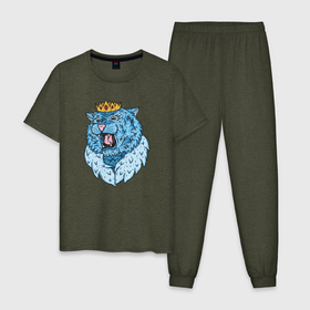 Мужская пижама хлопок с принтом The King of the Ice Tigers в Кировске, 100% хлопок | брюки и футболка прямого кроя, без карманов, на брюках мягкая резинка на поясе и по низу штанин
 | 2022 | king | tiger | король | корона | синий | тигр