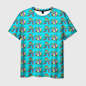 Мужская футболка 3D с принтом RAINBOW AND CUBE , 100% полиэфир | прямой крой, круглый вырез горловины, длина до линии бедер | rainbow | кубик | позитив | радуга | ролики | цветной