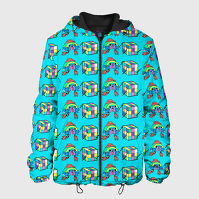 Мужская куртка 3D с принтом RAINBOW AND CUBE в Новосибирске, ткань верха — 100% полиэстер, подклад — флис | прямой крой, подол и капюшон оформлены резинкой с фиксаторами, два кармана без застежек по бокам, один большой потайной карман на груди. Карман на груди застегивается на липучку | rainbow | кубик | позитив | радуга | ролики | цветной