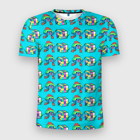 Мужская футболка 3D Slim с принтом RAINBOW AND CUBE в Новосибирске, 100% полиэстер с улучшенными характеристиками | приталенный силуэт, круглая горловина, широкие плечи, сужается к линии бедра | rainbow | кубик | позитив | радуга | ролики | цветной