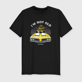 Мужская футболка хлопок Slim с принтом Желтая классика Авто в Санкт-Петербурге, 92% хлопок, 8% лайкра | приталенный силуэт, круглый вырез ворота, длина до линии бедра, короткий рукав | авто | автомобиль | классика | машина | ретро | ретро автомобиль
