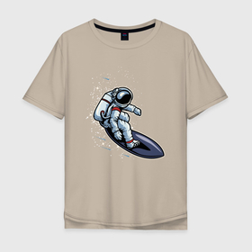 Мужская футболка хлопок Oversize с принтом Космонавт на доске   серфинг , 100% хлопок | свободный крой, круглый ворот, “спинка” длиннее передней части | волны | доска | космонавт | космос | море | серфинг