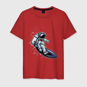 Мужская футболка хлопок с принтом Космонавт на доске   серфинг в Новосибирске, 100% хлопок | прямой крой, круглый вырез горловины, длина до линии бедер, слегка спущенное плечо. | волны | доска | космонавт | космос | море | серфинг