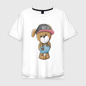 Мужская футболка хлопок Oversize с принтом Песик в бейсболке в Петрозаводске, 100% хлопок | свободный крой, круглый ворот, “спинка” длиннее передней части | пес | песик | подросток | собака | щенок