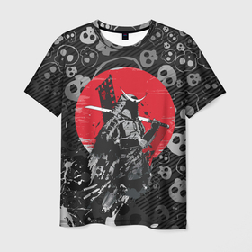 Мужская футболка 3D с принтом Призрак Цусимы   Самурай   Красное солнце   Япония , 100% полиэфир | прямой крой, круглый вырез горловины, длина до линии бедер | ghost of tsushima | skull | абстракция | брызги | красное солнце | меч | призрак цусимы | самураи | самурай | цусима | цушима | череп | черепа | япония