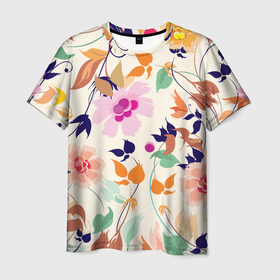 Мужская футболка 3D с принтом Summer floral pattern в Санкт-Петербурге, 100% полиэфир | прямой крой, круглый вырез горловины, длина до линии бедер | flowers | leaf | pattern | summer | лето | лист | узор | цветок
