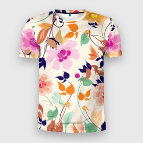 Мужская футболка 3D Slim с принтом Summer floral pattern в Белгороде, 100% полиэстер с улучшенными характеристиками | приталенный силуэт, круглая горловина, широкие плечи, сужается к линии бедра | Тематика изображения на принте: flowers | leaf | pattern | summer | лето | лист | узор | цветок