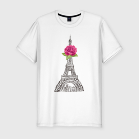 Мужская футболка хлопок Slim с принтом Эйфелева башня и роза в Белгороде, 92% хлопок, 8% лайкра | приталенный силуэт, круглый вырез ворота, длина до линии бедра, короткий рукав | город | париж | рисунок | роза | розовый | страна | цветок | штрих | эйфелева башня