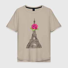 Мужская футболка хлопок Oversize с принтом Эйфелева башня и роза в Екатеринбурге, 100% хлопок | свободный крой, круглый ворот, “спинка” длиннее передней части | город | париж | рисунок | роза | розовый | страна | цветок | штрих | эйфелева башня