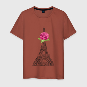 Мужская футболка хлопок с принтом Эйфелева башня и роза , 100% хлопок | прямой крой, круглый вырез горловины, длина до линии бедер, слегка спущенное плечо. | город | париж | рисунок | роза | розовый | страна | цветок | штрих | эйфелева башня