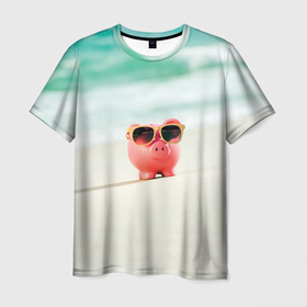 Мужская футболка 3D с принтом Свинка на отдыхе в Новосибирске, 100% полиэфир | прямой крой, круглый вырез горловины, длина до линии бедер | pig | берег | животное | звери | курорт | море | отдых | отпуск | песок | пляж | свинка | свинка на отдыхе | свинтус | свинья | хрюшка