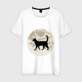 Мужская футболка хлопок с принтом Лунная кошечка в Новосибирске, 100% хлопок | прямой крой, круглый вырез горловины, длина до линии бедер, слегка спущенное плечо. | animals | cat | kitty | space | животные | зверь | китти | косомс | кот | котенок | котик | котэ | кошечка | кошка | луна | мяу