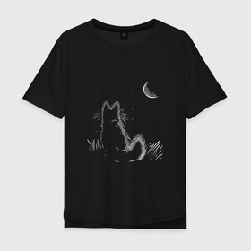 Мужская футболка хлопок Oversize с принтом Ночной романтик в Тюмени, 100% хлопок | свободный крой, круглый ворот, “спинка” длиннее передней части | animals | cat | kitty | животные | зверь | китти | кот | котенок | котик | котэ | кошечка | кошка | мяу