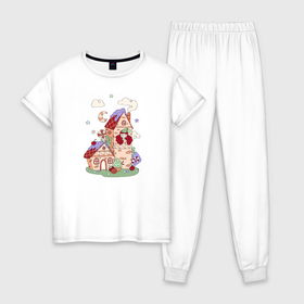 Женская пижама хлопок с принтом Сказочный замок с принцессой в Екатеринбурге, 100% хлопок | брюки и футболка прямого кроя, без карманов, на брюках мягкая резинка на поясе и по низу штанин | 