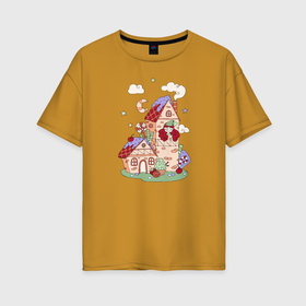Женская футболка хлопок Oversize с принтом Сказочный замок с принцессой в Екатеринбурге, 100% хлопок | свободный крой, круглый ворот, спущенный рукав, длина до линии бедер
 | 