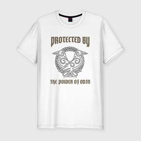 Мужская футболка хлопок Slim с принтом Protected by the power of Odin в Новосибирске, 92% хлопок, 8% лайкра | приталенный силуэт, круглый вырез ворота, длина до линии бедра, короткий рукав | power of odin | valhalla | асгард | боги | вальгалла | вальхалла | викинг | викинги | герои | скандинавия | тор