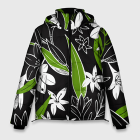 Мужская зимняя куртка 3D с принтом Белые цветы в летней ночи в Новосибирске, верх — 100% полиэстер; подкладка — 100% полиэстер; утеплитель — 100% полиэстер | длина ниже бедра, свободный силуэт Оверсайз. Есть воротник-стойка, отстегивающийся капюшон и ветрозащитная планка. 

Боковые карманы с листочкой на кнопках и внутренний карман на молнии. | Тематика изображения на принте: composition | fashion | flowers | leafs | night | summer | композиция | лето | листья | мода | ночь | цветы