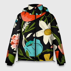 Мужская зимняя куртка 3D с принтом Яркие цветы на фоне тёмной летней ночи в Тюмени, верх — 100% полиэстер; подкладка — 100% полиэстер; утеплитель — 100% полиэстер | длина ниже бедра, свободный силуэт Оверсайз. Есть воротник-стойка, отстегивающийся капюшон и ветрозащитная планка. 

Боковые карманы с листочкой на кнопках и внутренний карман на молнии. | composition | fashion | flowers | leafs | night | poppy | summer | композиция | лето | листья | мак | мода | ночь | цветы