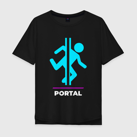 Мужская футболка хлопок Oversize с принтом Символ Portal в неоновых цветах в Новосибирске, 100% хлопок | свободный крой, круглый ворот, “спинка” длиннее передней части | logo | neon | portal | игра | игры | лого | логотип | неон | портал | символ