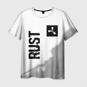 Мужская футболка 3D с принтом Rust Glitch на светлом фоне в Белгороде, 100% полиэфир | прямой крой, круглый вырез горловины, длина до линии бедер | Тематика изображения на принте: glitch | logo | rust | игра | игры | лого | логотип | огонь | пламя | раст | символ