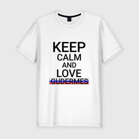 Мужская футболка хлопок Slim с принтом Keep calm Gudermes (Гудермес) в Белгороде, 92% хлопок, 8% лайкра | приталенный силуэт, круглый вырез ворота, длина до линии бедра, короткий рукав | ce | cha | gudermes |  чеченская | город | кавказ | россия | чечня