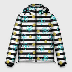 Мужская зимняя куртка 3D с принтом Полосатый модный праздничный узор в Новосибирске, верх — 100% полиэстер; подкладка — 100% полиэстер; утеплитель — 100% полиэстер | длина ниже бедра, свободный силуэт Оверсайз. Есть воротник-стойка, отстегивающийся капюшон и ветрозащитная планка. 

Боковые карманы с листочкой на кнопках и внутренний карман на молнии. | Тематика изображения на принте: black stripes | spots | striped pattern | полосатый узор | пятна | салют | украшения | фейерверк
