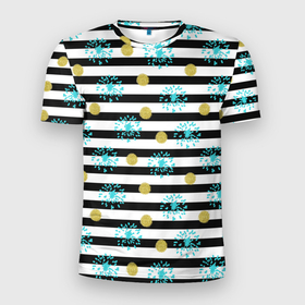 Мужская футболка 3D Slim с принтом Полосатый модный праздничный узор , 100% полиэстер с улучшенными характеристиками | приталенный силуэт, круглая горловина, широкие плечи, сужается к линии бедра | black stripes | spots | striped pattern | полосатый узор | пятна | салют | украшения | фейерверк