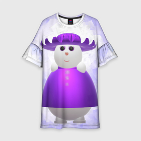 Детское платье 3D с принтом Снеговик в фиолетовой шляпе , 100% полиэстер | прямой силуэт, чуть расширенный к низу. Круглая горловина, на рукавах — воланы | Тематика изображения на принте: 2д снеговик | 3д снеговик | новогодний персонаж | новый год | персонаж | снеговик