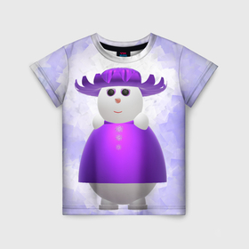 Детская футболка 3D с принтом Снеговик в фиолетовой шляпе в Курске, 100% гипоаллергенный полиэфир | прямой крой, круглый вырез горловины, длина до линии бедер, чуть спущенное плечо, ткань немного тянется | Тематика изображения на принте: 2д снеговик | 3д снеговик | новогодний персонаж | новый год | персонаж | снеговик