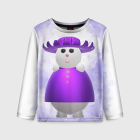 Детский лонгслив 3D с принтом Снеговик в фиолетовой шляпе , 100% полиэстер | длинные рукава, круглый вырез горловины, полуприлегающий силуэт
 | Тематика изображения на принте: 2д снеговик | 3д снеговик | новогодний персонаж | новый год | персонаж | снеговик