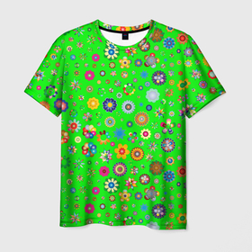 Мужская футболка 3D с принтом TEXTURE OF MULTICOLORED FLOWERS в Санкт-Петербурге, 100% полиэфир | прямой крой, круглый вырез горловины, длина до линии бедер | Тематика изображения на принте: зеленый | коричневый | красный | розовый | синий | текстура | цветные