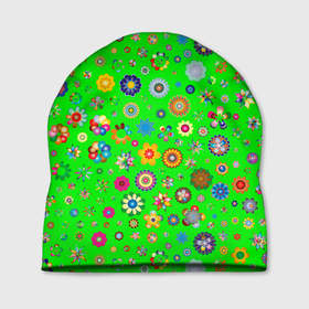 Шапка 3D с принтом TEXTURE OF MULTICOLORED FLOWERS в Белгороде, 100% полиэстер | универсальный размер, печать по всей поверхности изделия | зеленый | коричневый | красный | розовый | синий | текстура | цветные