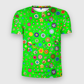 Мужская футболка 3D Slim с принтом TEXTURE OF MULTICOLORED FLOWERS в Санкт-Петербурге, 100% полиэстер с улучшенными характеристиками | приталенный силуэт, круглая горловина, широкие плечи, сужается к линии бедра | Тематика изображения на принте: зеленый | коричневый | красный | розовый | синий | текстура | цветные