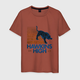 Мужская футболка хлопок с принтом Hawkins night в Новосибирске, 100% хлопок | прямой крой, круглый вырез горловины, длина до линии бедер, слегка спущенное плечо. | hawkins high school tiger | hawkins night | stranger things | странные дела | тигр | черный тигр