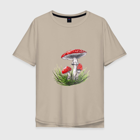 Мужская футболка хлопок Oversize с принтом Мухоморы в траве в Белгороде, 100% хлопок | свободный крой, круглый ворот, “спинка” длиннее передней части | autumn | fall | forest | green | mushroom | plant | red | summer | грибочки | грибы | зеленый | зелень | красный | лес | лето | мухоморы | осень | растения