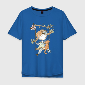 Мужская футболка хлопок Oversize с принтом Милая девочка на качелях в Тюмени, 100% хлопок | свободный крой, круглый ворот, “спинка” длиннее передней части | весна | девочка | качели | кот | нежность