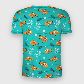Мужская футболка 3D Slim с принтом TEXTURE OF SEA FISH в Кировске, 100% полиэстер с улучшенными характеристиками | приталенный силуэт, круглая горловина, широкие плечи, сужается к линии бедра | водоросли | детские картинки | морские | обитатели | океан | пузыри | цветные