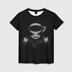 Женская футболка 3D с принтом Black Metal Coffee в Белгороде, 100% полиэфир ( синтетическое хлопкоподобное полотно) | прямой крой, круглый вырез горловины, длина до линии бедер | black | coffee | cup | heavy | makeup | metal | грим | кожанка | косуха | кофе | металл | металлический | тяжелый | чашка | черный