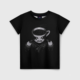 Детская футболка 3D с принтом Black Metal Coffee в Тюмени, 100% гипоаллергенный полиэфир | прямой крой, круглый вырез горловины, длина до линии бедер, чуть спущенное плечо, ткань немного тянется | black | coffee | cup | heavy | makeup | metal | грим | кожанка | косуха | кофе | металл | металлический | тяжелый | чашка | черный