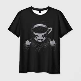 Мужская футболка 3D с принтом Black Metal Coffee в Петрозаводске, 100% полиэфир | прямой крой, круглый вырез горловины, длина до линии бедер | black | coffee | cup | heavy | makeup | metal | грим | кожанка | косуха | кофе | металл | металлический | тяжелый | чашка | черный