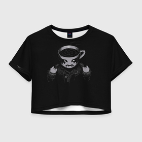 Женская футболка Crop-top 3D с принтом Black Metal Coffee в Кировске, 100% полиэстер | круглая горловина, длина футболки до линии талии, рукава с отворотами | black | coffee | cup | heavy | makeup | metal | грим | кожанка | косуха | кофе | металл | металлический | тяжелый | чашка | черный
