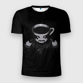 Мужская футболка 3D Slim с принтом Black Metal Coffee в Новосибирске, 100% полиэстер с улучшенными характеристиками | приталенный силуэт, круглая горловина, широкие плечи, сужается к линии бедра | black | coffee | cup | heavy | makeup | metal | грим | кожанка | косуха | кофе | металл | металлический | тяжелый | чашка | черный