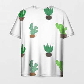 Мужская футболка 3D с принтом Кактусы в горшках, паттерн , 100% полиэфир | прямой крой, круглый вырез горловины, длина до линии бедер | Тематика изображения на принте: cacti | cactus | green | plant | potted | succulent | горшок | зеленый | кактусы | колючий | колючки | мексика | минимализм | минималистичный | растение | суккуленты | цветок