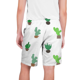 Мужские шорты 3D с принтом Кактусы в горшках, паттерн в Санкт-Петербурге,  полиэстер 100% | прямой крой, два кармана без застежек по бокам. Мягкая трикотажная резинка на поясе, внутри которой широкие завязки. Длина чуть выше колен | Тематика изображения на принте: cacti | cactus | green | plant | potted | succulent | горшок | зеленый | кактусы | колючий | колючки | мексика | минимализм | минималистичный | растение | суккуленты | цветок