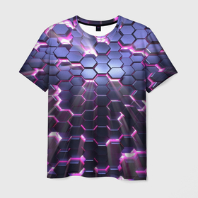 Мужская футболка 3D с принтом сквозь плиты в Новосибирске, 100% полиэфир | прямой крой, круглый вырез горловины, длина до линии бедер | 3d | вспышка | плиты | разлом | розовый свет