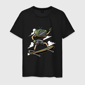Мужская футболка хлопок с принтом Человек телевизор на скейте , 100% хлопок | прямой крой, круглый вырез горловины, длина до линии бедер, слегка спущенное плечо. | скейт | скейтер | тв | телевизор | человек   телевизор
