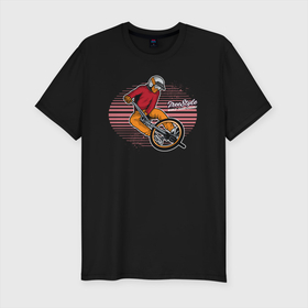 Мужская футболка хлопок Slim с принтом Велосипедист   экстрим в Курске, 92% хлопок, 8% лайкра | приталенный силуэт, круглый вырез ворота, длина до линии бедра, короткий рукав | sport | вело | велосипед | велосипедист | спорт | экстрим