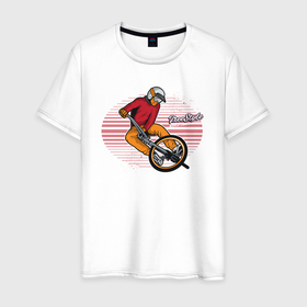 Мужская футболка хлопок с принтом Велосипедист   экстрим в Тюмени, 100% хлопок | прямой крой, круглый вырез горловины, длина до линии бедер, слегка спущенное плечо. | sport | вело | велосипед | велосипедист | спорт | экстрим